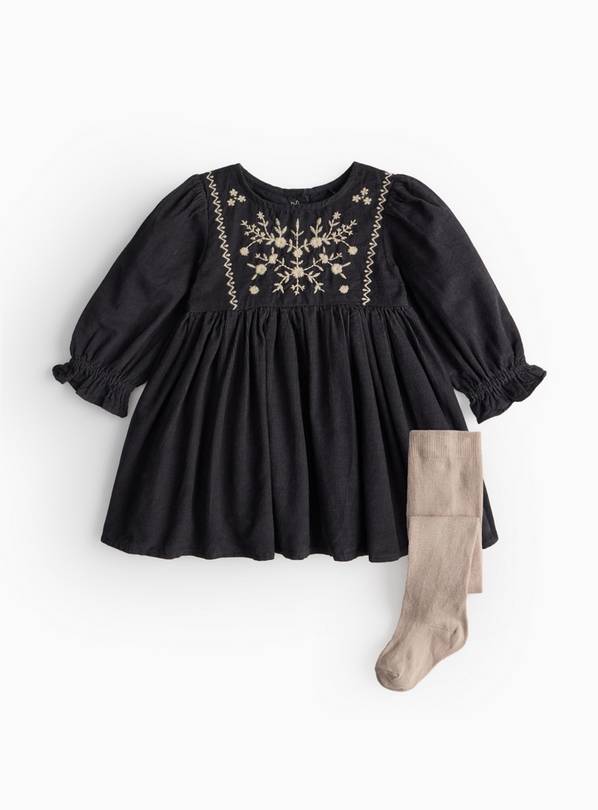 Black Floral Corduroy Dress & Tights Set Up to 3 mths